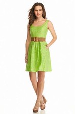 NEW NINE WEST GREEN COTTON FIT AND FLARE BELTED DRESS SIZE 16