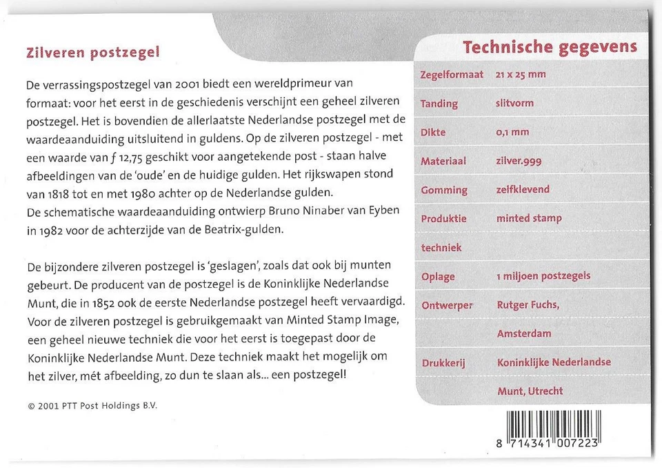 SELLO DE PLATA DE 12,75 FLORINES DE LOS PAÍSES BAJOS 2001 sellado en carpeta B3 Foto 3 de 3