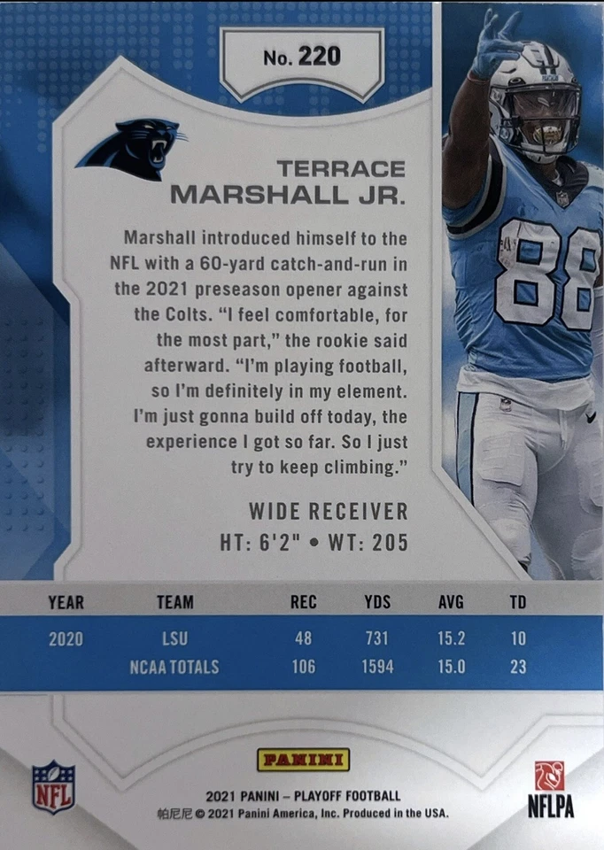 2021 Panini Playoff Terrace Marshall Jr. Goal Line Rookie Card #220 NMMT - Image 2 of 2