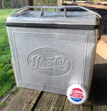 Vintage Silver 1950s Pepsi-Cola Aluminum Cooler/Ice Chest w/ Tray, Drain, Opener