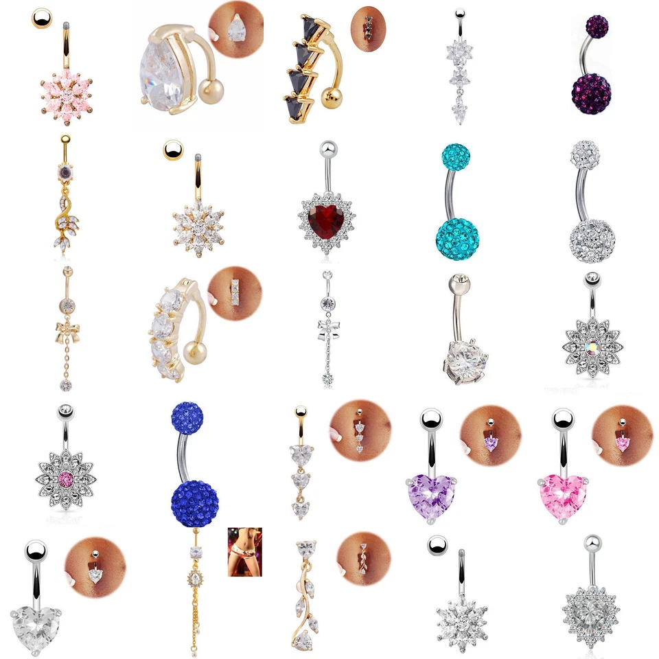 Belly Bars Navel Button Piercing Rings Crystal Body Jewellery Dangle Ring Silver - Image 3 of 4