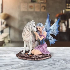 Fairy with Snow Wolf Statue 6.75"H Fantasy Collectible Figurine Room Decor