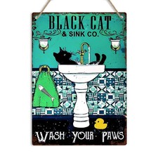 Black Cat Wash Your Paws Retro Bathroom Metal Sign Vintage Cat Lover Plaque Gift