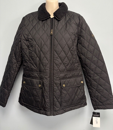 NWT Lauren Ralph Lauren Women's Diamond Quilted Fleece Collar Jacket M Black RLL