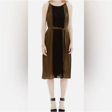 Madewell Womens Accordian Pleated Belted Shift Dress Olive & Black 4