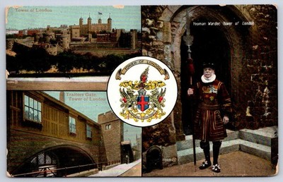 Antique England Postcard LONDON Tower Yeoman Warder Traitors Gate