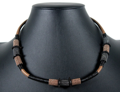 BRUNELLO CUCINELLI $1,500 Black & Bronze Leather & Monili Chain Collar Necklace