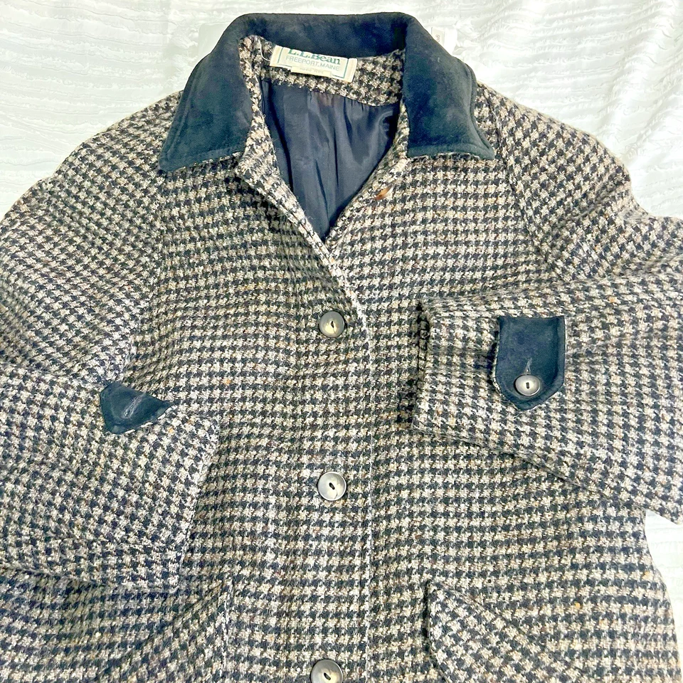 LL Bean VTG Long Wool Coat Small Petite Black Tan Houndstooth 80s Duster Women's - Image 2 of 4