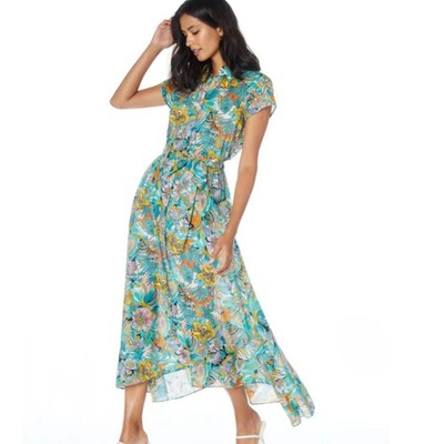 Robert Graham Vivienne short sleeve button down multi color floral midi dress 8 