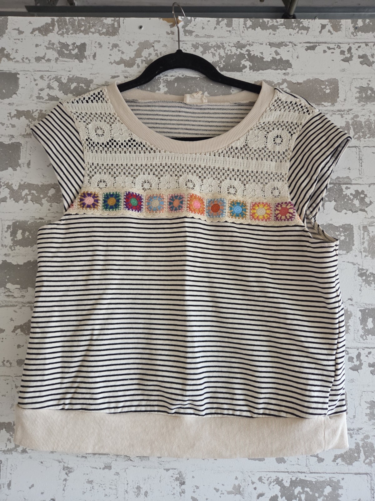 Hem & Thread Striped Crochet Top L Large Boho Granny Square Lace Cap Sleeve Knit