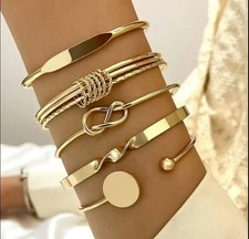 5pcs Trendy Vintage Style Bangle Set Stylish Geometric Cuff Bracelets Golden
