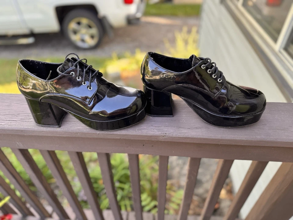Мужские туфли на платформе размер 10/11 запатентованный черный шнурует вверх ретро вид - Изображение 4 из 4
