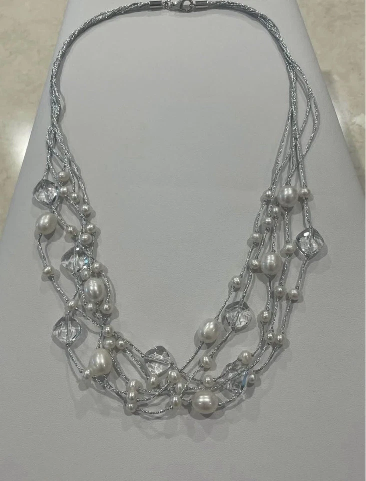 "Collar de plata de ley, perlas naturales y cristal de múltiples hilos de 19"" L"