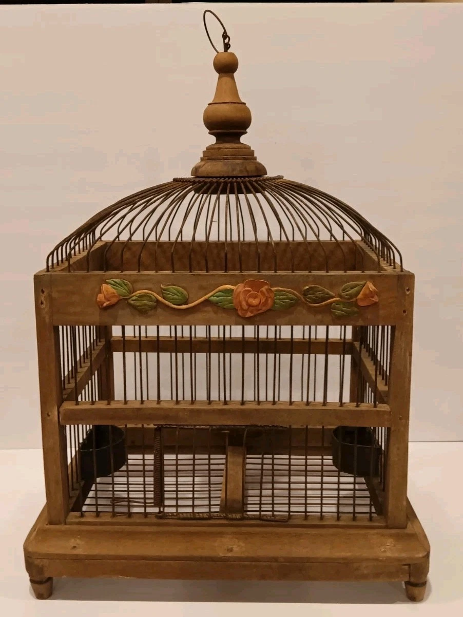 Victorian Birdcage Hanging Wood Frame Roses 12.5" X 11" X 7.5" W/ (2) Feeders