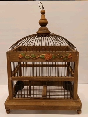 Victorian Birdcage Hanging Wood Frame Roses 12.5'' X 11'' X 7.5'' W/ (2) Feeders 
