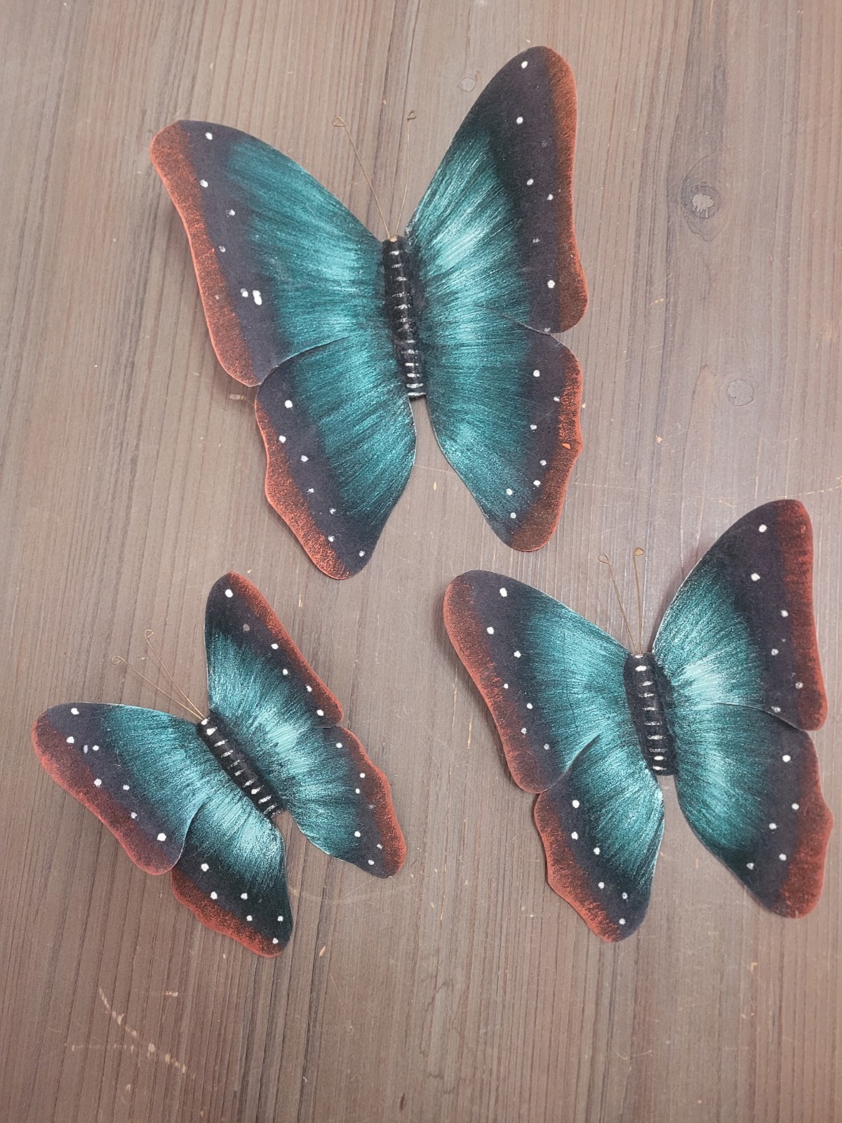 Handmade Teal/Blue Butterfly Metal Wall Art Decor Hand Painted Fabric Realistic