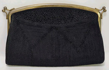 RARE Vtg JEMCO Corde Art Black Clutch Handbag Unique Double Corner Kiss Clasps