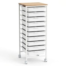 10-Drawer Rolling Storage Cart, Mobile Utility Organizer w/ Wooden Tabletop