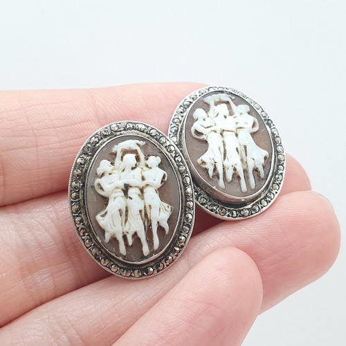 Antique Solid Silver Three Graces Cameo Earrings Marcasite Border Clip On 1920s