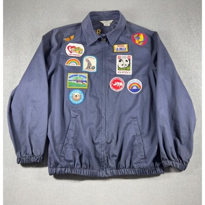 LL Bean Bomber Jacket Mens XLT Custom Patches Blue Navy Classic USA Cotton