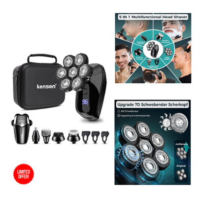 5 in 1 Glatzenrasierer Herren 7D Rotationskopf Wasserdicht LCD