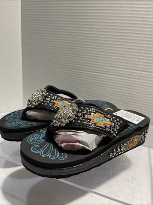 Montana West Women Black/Orng/Teal Embroidery FlipFlop Rhinestone Concho Sz7-7.5
