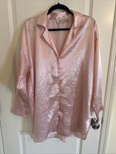 Vtg Victorias Secret Button Up Night Shirt Size M/L Pink Shiny Satin Gold Label