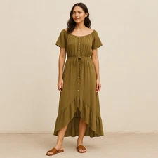 NWT Naif Maxi Dress XL Olive Tiered Ruffle Button Front Boho Fall Capsule