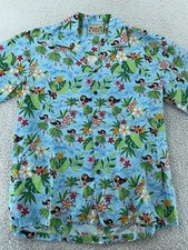 E&K Fashion Hawaiian Shirt Mens Large Blue Aloha Hula Girl Print Made in USA