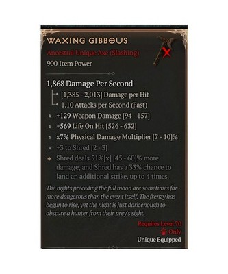 Diablo 4 Season 14 Waxing Gibbous 0GA 51% Unique Axe Druid Gear Item Equipment