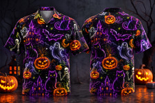 Halloween Hawaiian Shirt 3D Spooky Cats Ghosts Pumpkins Bats Purple Black