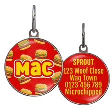 Burger Dog Tag – Custom Pet Name Tag – Red Background – 36 Colors – 2 Sizes