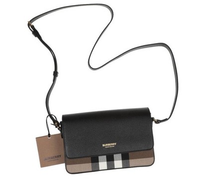 NEW BURBERRY ''NEW HAMPSHIRE'' BLACK CHECK CANVAS LEATHER CROSSBODY SHOULDER BAG