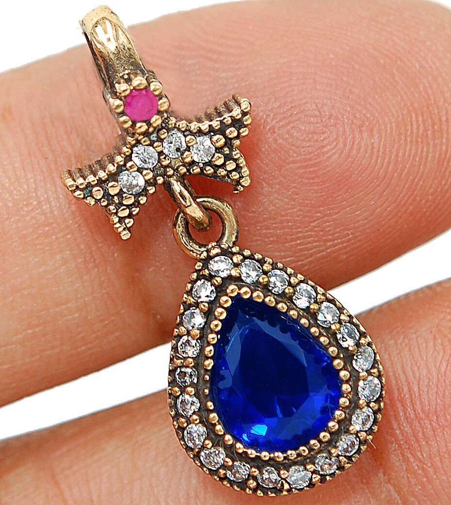 3CT Treated Sapphire Sterling Silver Ottoman Empire Style Pendant TC5