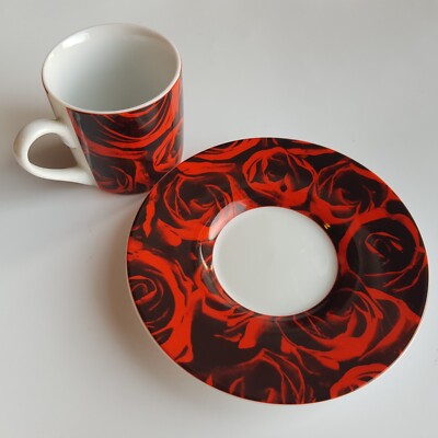 Konitz Demitasse Kaffeetasse Untertasse Rubinrote Rose Blumen Porzellan Kunst Germany