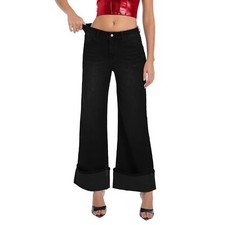 Women's Wide Leg Cuffed Jeans High Waisted Stretchy Casual Comfort Fit Denim ...