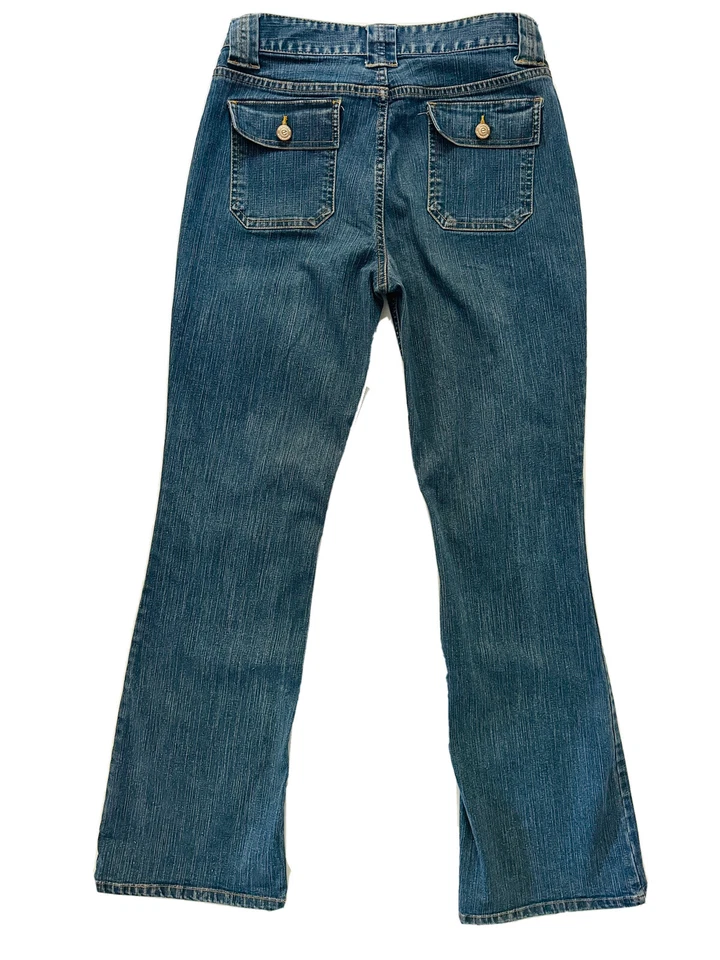 Pantalones de mezclilla Ellemenno vintage para mujer botones bolsillos traseros acampanados corte bota talla 7 Foto 2 de 4