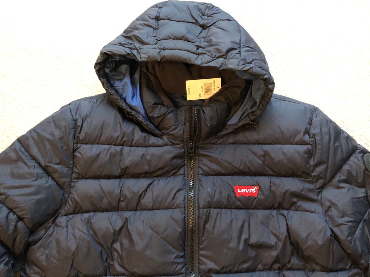 Levis Mens Puffer Hooded Coat Jacket Outerwear Navy Blue Size XXL New Puff  Logo