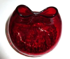 MCM Crackle Glass Vase Pinched Pinch Ruby Red Two Holes 4" Tall Blenko ?  Blown