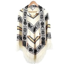 Artesanias Inca Fringed Wool Poncho OS Embroidered Tribal Print Scarf Tassels