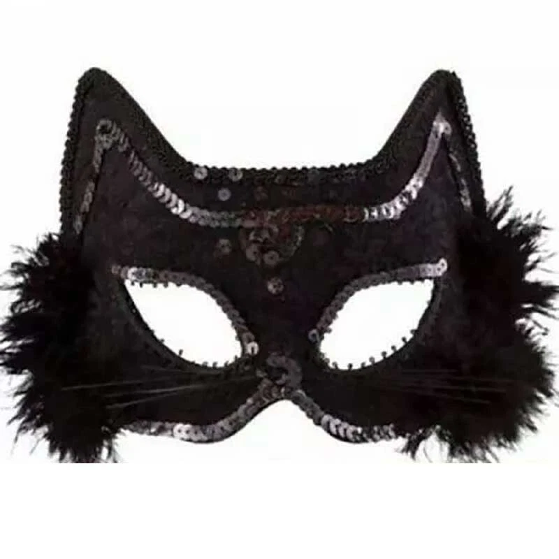 FANCY BLACK CAT FEATHER MARABOU MASK COSTUME MASQUERADE HALLOWEEN PARTY CATWOMAN - Image 2 of 2
