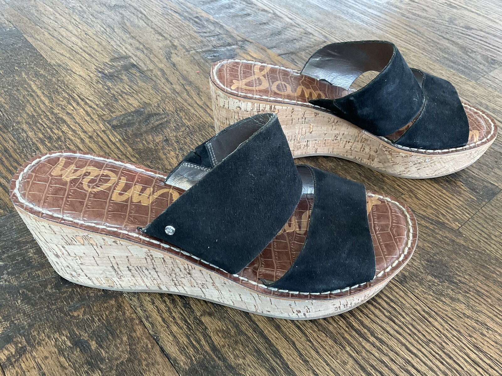 Sam Edelman Reta Cork Wedge 2 Strap Black Suede Slide Sandals Women's Size 9.5M
