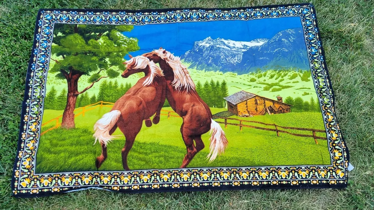 Vtg Tapestry Fighting Horses Rug Wall Hanging Large 57 X 38 Cotton Printed