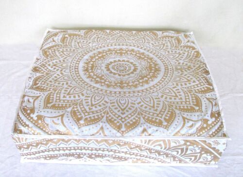 35X35" Meditation Floor Seating Mandala Printed White Gold Cotton Cushion Covers - 第 1/4 張圖片