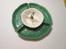 1960’s California Pottery USA 504 Chip & Dip Snack Set Jade Green White 4 Pc Set