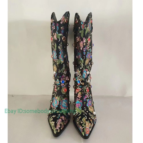 Women's Pointed Toe Side Zipper Embroidered Rhinestone Leather Plus Size Boots - Picture 8 of 30