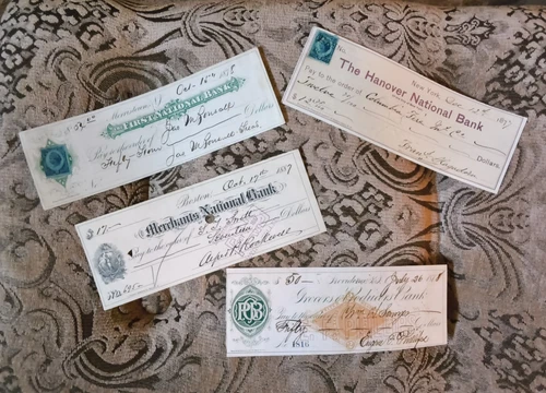 4 CIVIL WAR Officers Signed Documents (post war dates), autographed bank checks