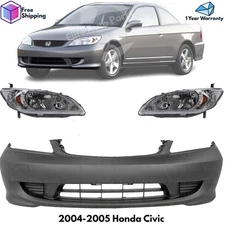 Front Bumper Cover Paintable Plastic & Headlights Kit For 2004-2005 Honda Civic