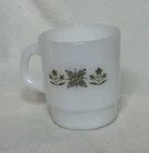 Vintage Anchor Hocking Milk Glass Fire King Mug Green Flower Print