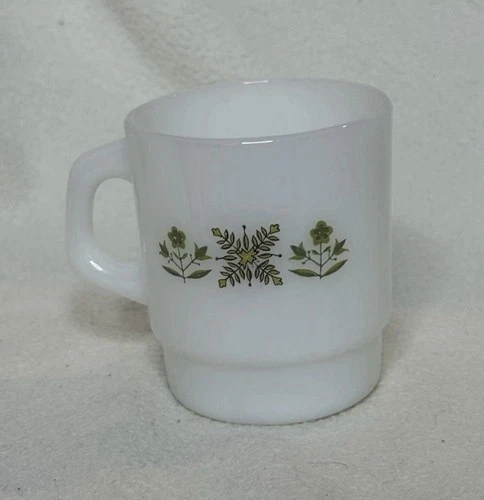 Vintage Anchor Hocking Milk Glass Fire King Mug Green Flower Print